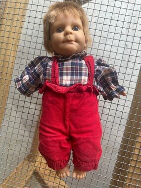 Vintage JC Toys Boy Doll in Red Corduroy Overalls with Plaid Top